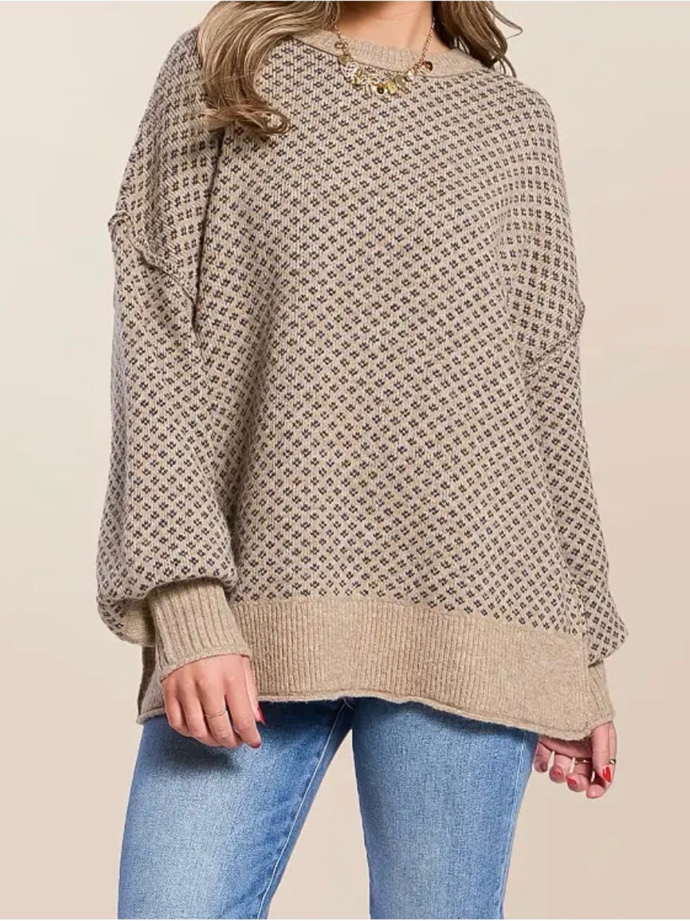 Blu Pepper Beige Patterned Crewneck Sweater
